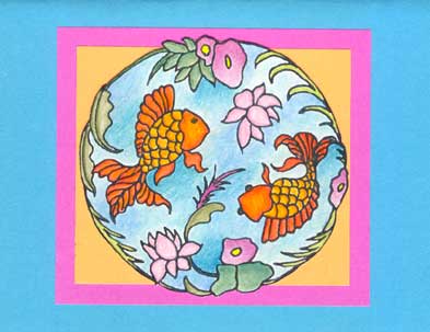 A brightly colored koi pond card.